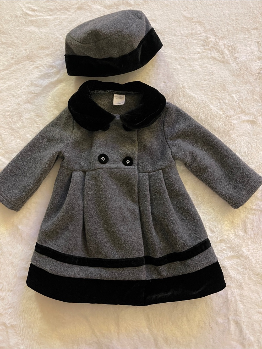 Starting Out Grey Fleece Coat with Black Velvet Trim and Matching Hat SZ 18 m